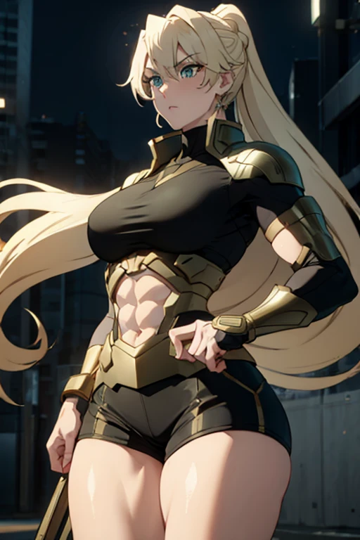 ((((muscular 1girl)))) ((((thick thighs toned body)))) (pale skin) blonde hair, green eyes, very long hair, tight shirt, tight pants, sidelocks