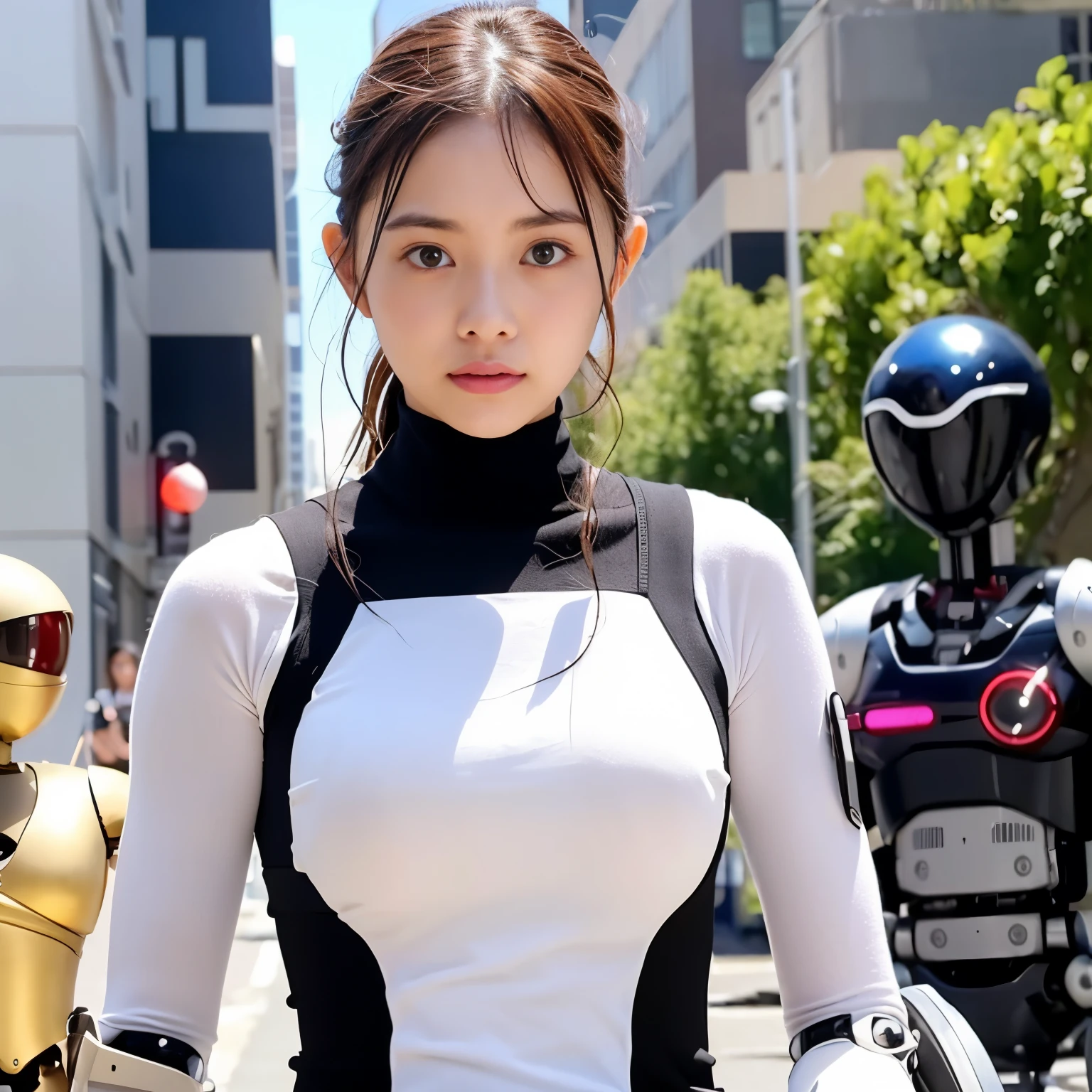 A jellyfish-like robot controlled by an invader destroying a large city、A woman with telekinesis confronts a robot、The woman is young and beautiful、18-year-old、unparalleled beauty、