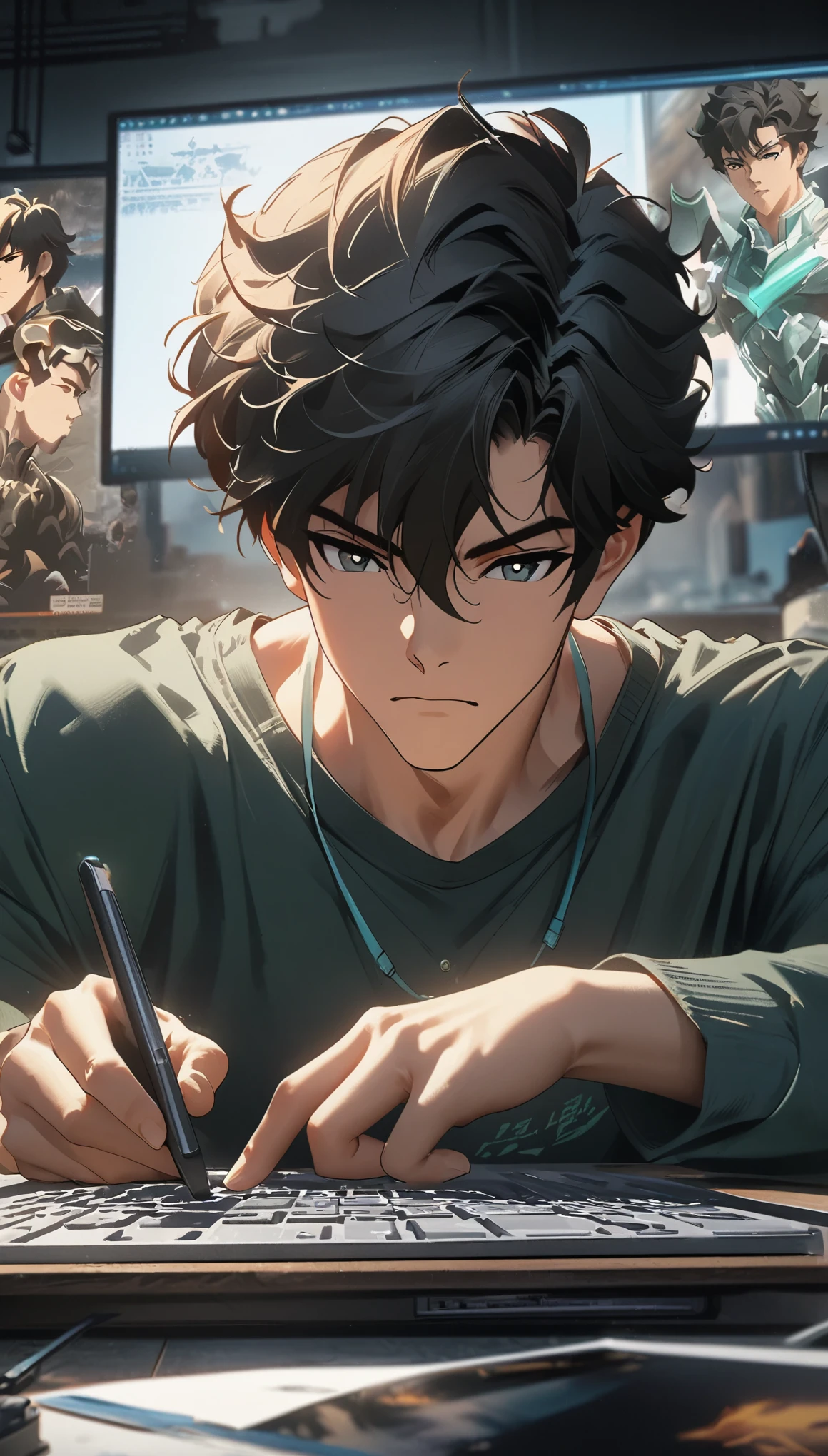 anime boy sitting at desk, cute boy, holding and keyboard, ((Xin Haicheng)), studio brisk Xin Haicheng, Gouves style artwork, Xin Haicheng. digital rendering, Digital animation illustration, plan, Xin Haicheng art style, Xin Haicheng style, Xin Haicheng!