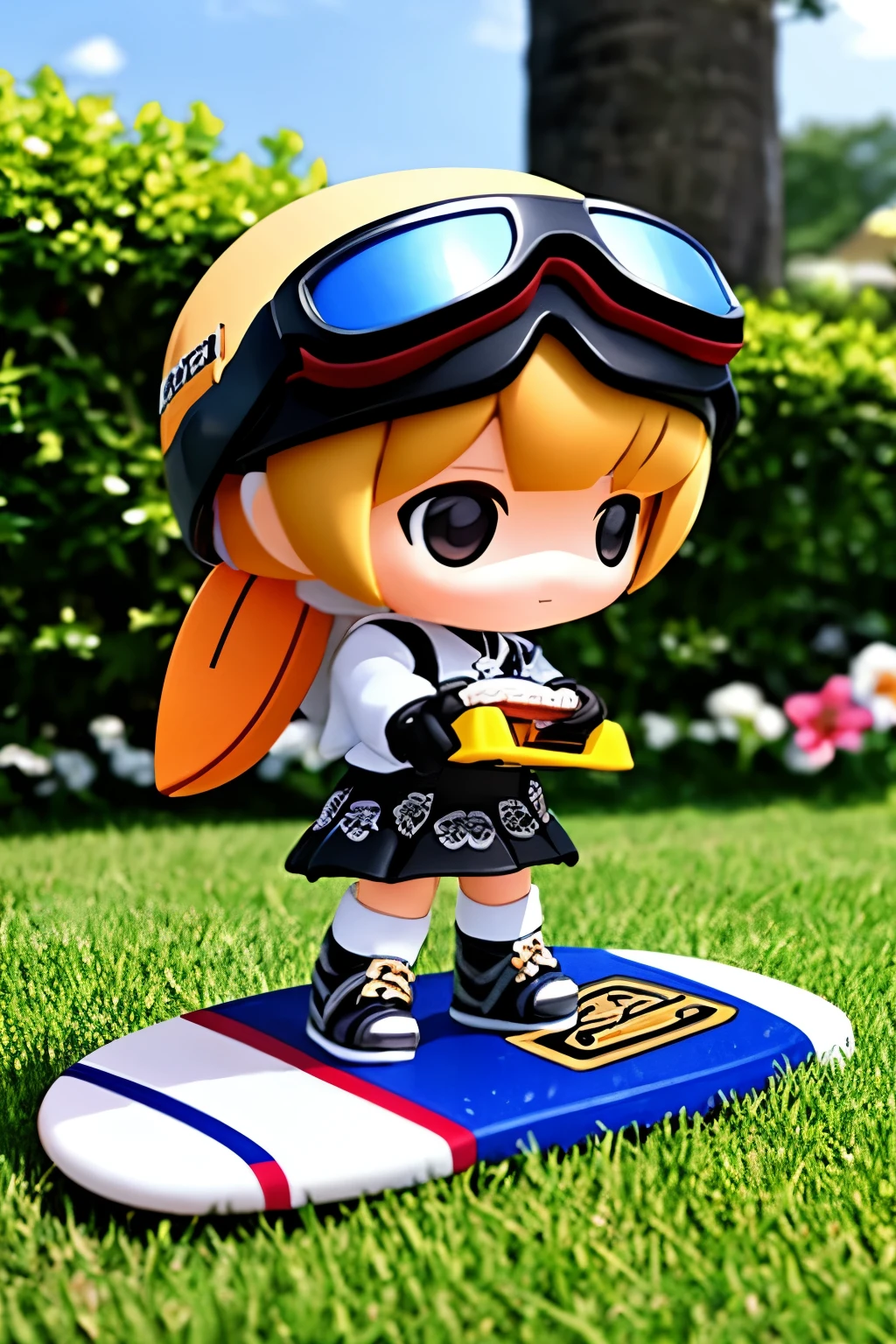 ()Please express the contents inside with a chibi girl doll.(Photoreal、Kickboard Racer、goggles、youth、after school、garden)