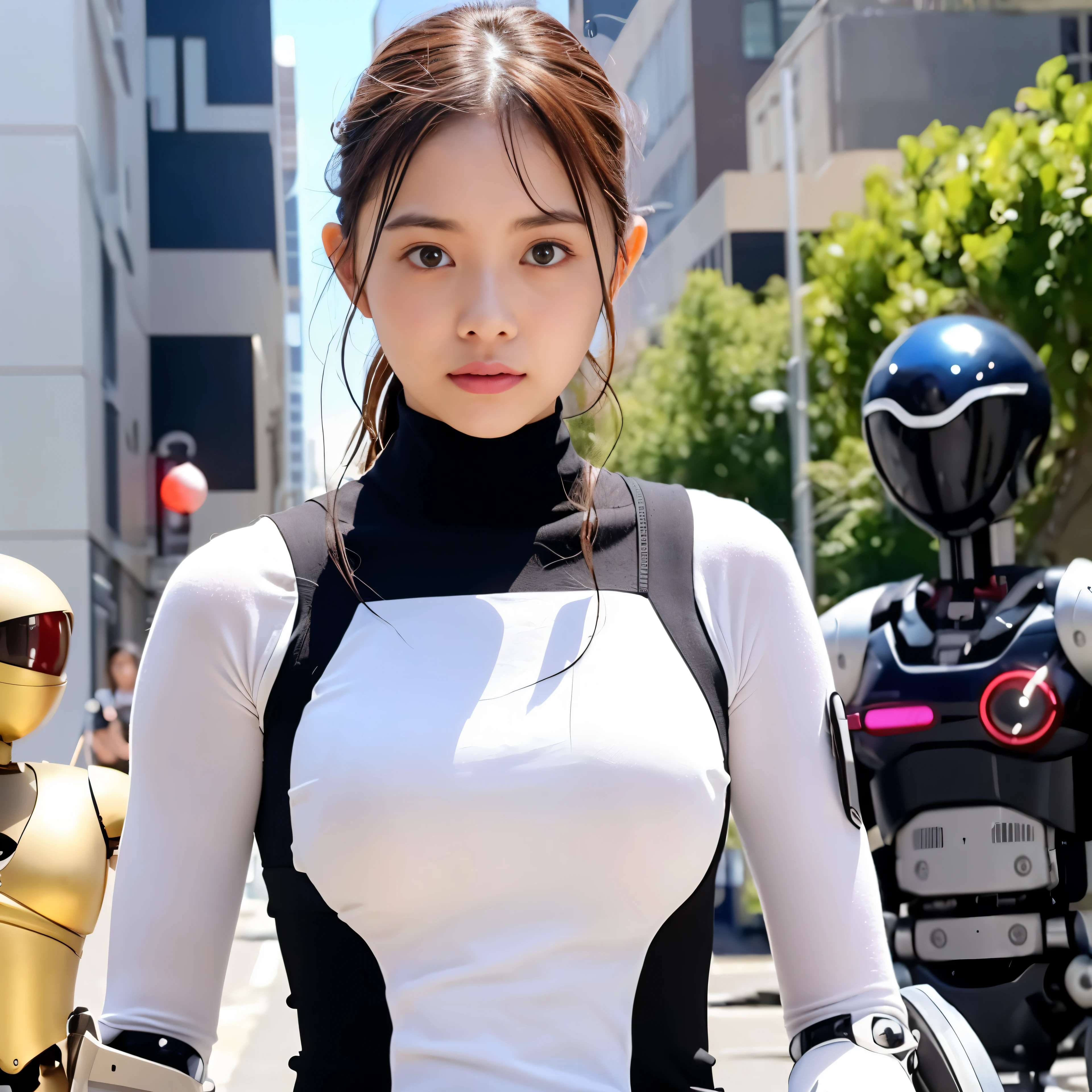 A jellyfish-like robot controlled by an invader destroying a large city、A woman with telekinesis confronts a robot、The woman is young and beautiful、18-year-old、unparalleled beauty、