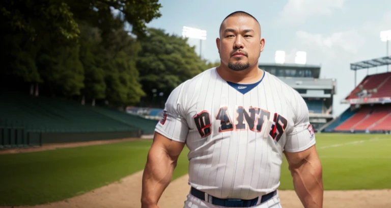 (football uniform:1.4), (at football ground:1.4), Japanese man, Chinese man, Korean man, Taiwanese man, manly face, fat face, (round face:1.4), (monolid eyes:1.2), (buzz cut:1.4), very large and strong body, bulky body, beefy muscles, (bulging muscles:1.4), (very large pectoral muscles:1.4), (muscular arms:1.4), muscular abs, muscular legs, muscular back, brightens oily skin, master piece, (realistic:1.4), panorama, distant view