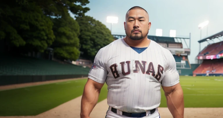 (football uniform:1.4), (at football ground:1.4), Japanese man, Chinese man, Korean man, Taiwanese man, manly face, fat face, (round face:1.4), (monolid eyes:1.2), (buzz cut:1.4), very large and strong body, bulky body, beefy muscles, (bulging muscles:1.4), (very large pectoral muscles:1.4), (muscular arms:1.4), muscular abs, muscular legs, muscular back, brightens oily skin, master piece, (realistic:1.4), panorama, distant view