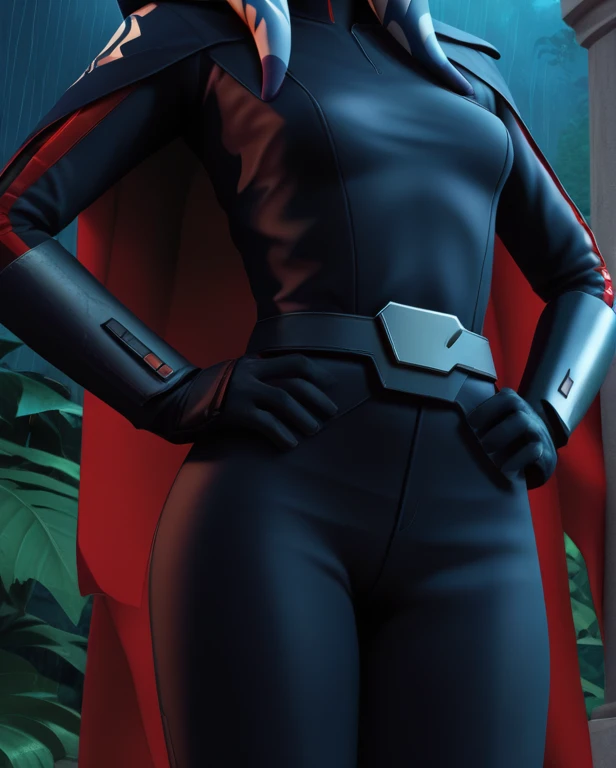 zPDXL, source_anime,
BREAK
ahsoka tano, cape, armor,black gloves,tight bodysuit,black cape,black pants,
BREAK
close-up, solo, standing, front view, medium breasts, hands on hips, wide hips,
BREAK
x3dce, 3d, jungle background, dense vegetation, rain, night, night sky, 