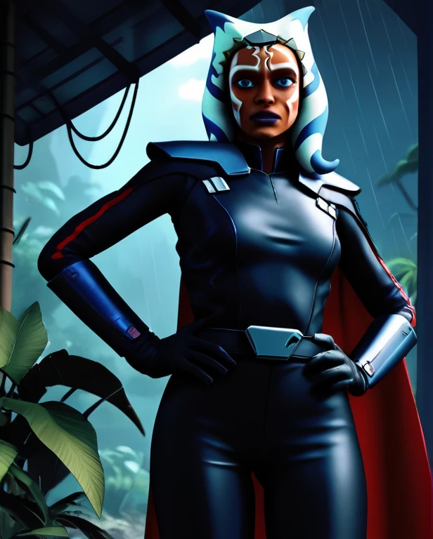 zPDXL, source_anime,
BREAK
ahsoka tano, cape, armor,black gloves,tight bodysuit,black cape,black pants,
BREAK
close-up, solo, standing, front view, medium breasts, hands on hips, wide hips,
BREAK
x3dce, 3d, jungle background, dense vegetation, rain, night, night sky, 