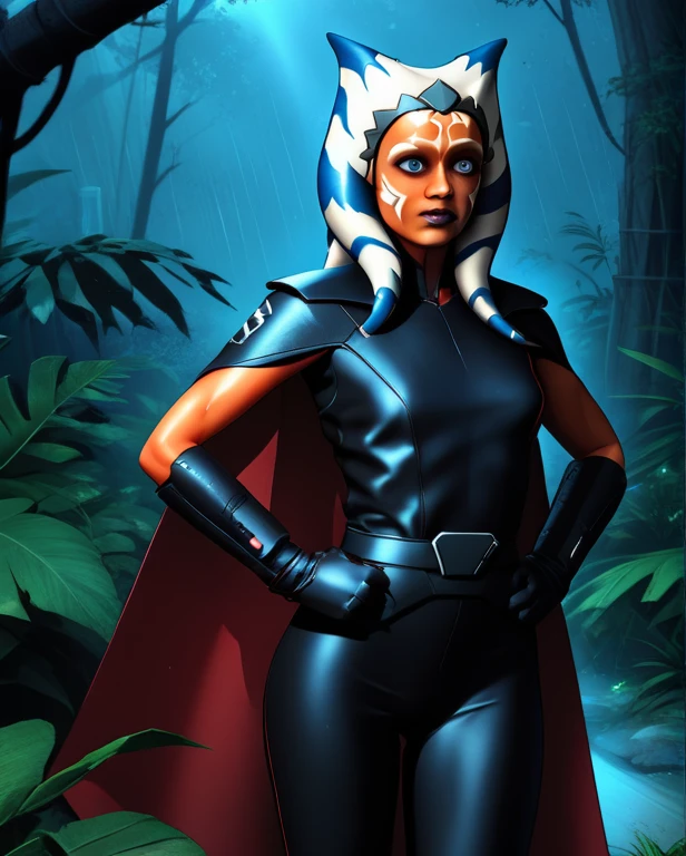 zPDXL, source_anime,
BREAK
ahsoka tano, cape, armor,black gloves,tight bodysuit,black cape,black pants,
BREAK
close-up, solo, standing, front view, medium breasts, hands on hips, wide hips,
BREAK
x3dce, 3d, jungle background, dense vegetation, rain, night, night sky,