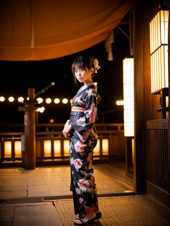 ,female、prostitute、old japanese architecture、、Old Japanese entertainment district、、night、kimono、standing、