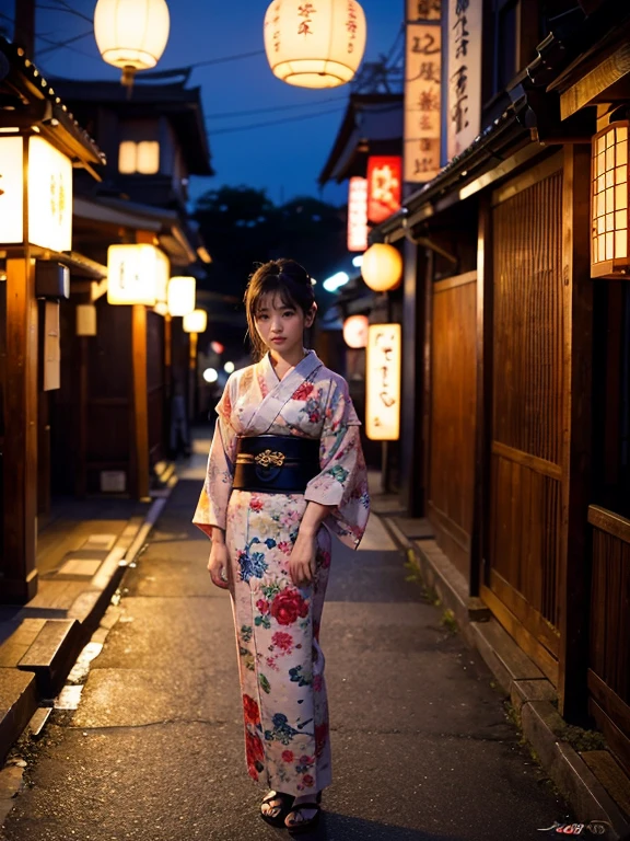 ,female、prostitute、old japanese architecture、、Old Japanese entertainment district、、night、kimono、standing、