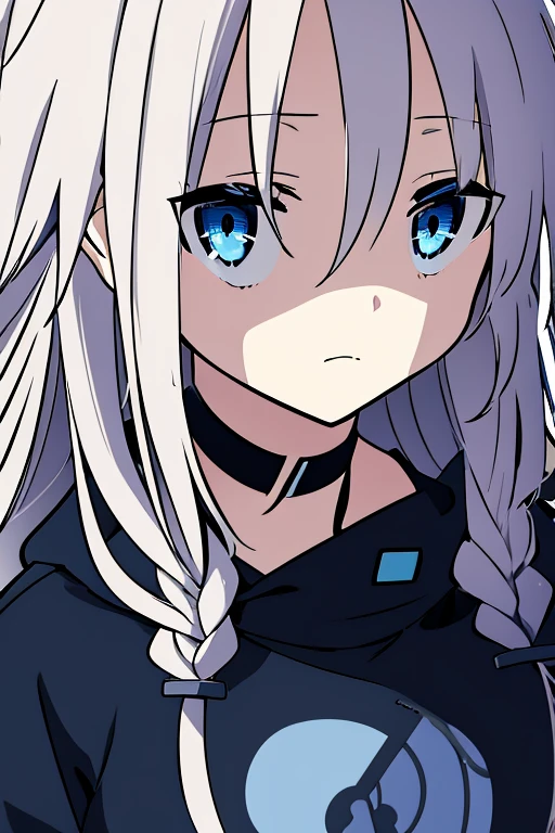 anime style、one girl、alone、masterpiece、highest quality、Vocaloid、IA、gray hair、blue eyes、No expression、(Facial shading)、black clothes、hoodie