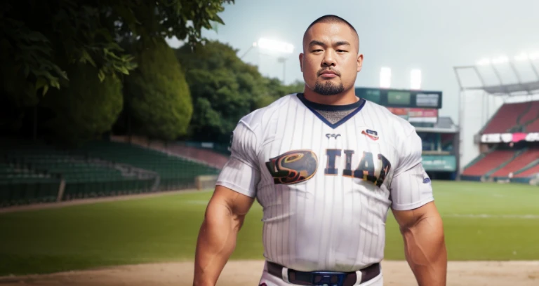 (football uniform:1.8), (at football ground:1.8), Japanese man, Chinese man, Korean man, Taiwanese man, manly face, fat face, (round face:1.4), (monolid eyes:1.2), (buzz cut:1.4), very large and strong body, bulky body, beefy muscles, (bulging muscles:1.4), (very large pectoral muscles:1.4), (muscular arms:1.4), muscular abs, muscular legs, muscular back, brightens oily skin, master piece, (realistic:1.4), panorama, distant view