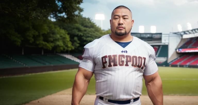 (football uniform:1.8), (at football ground:1.8), Japanese man, Chinese man, Korean man, Taiwanese man, manly face, fat face, (round face:1.4), (monolid eyes:1.2), (buzz cut:1.4), very large and strong body, bulky body, beefy muscles, (bulging muscles:1.4), (very large pectoral muscles:1.4), (muscular arms:1.4), muscular abs, muscular legs, muscular back, brightens oily skin, master piece, (realistic:1.4), panorama, distant view