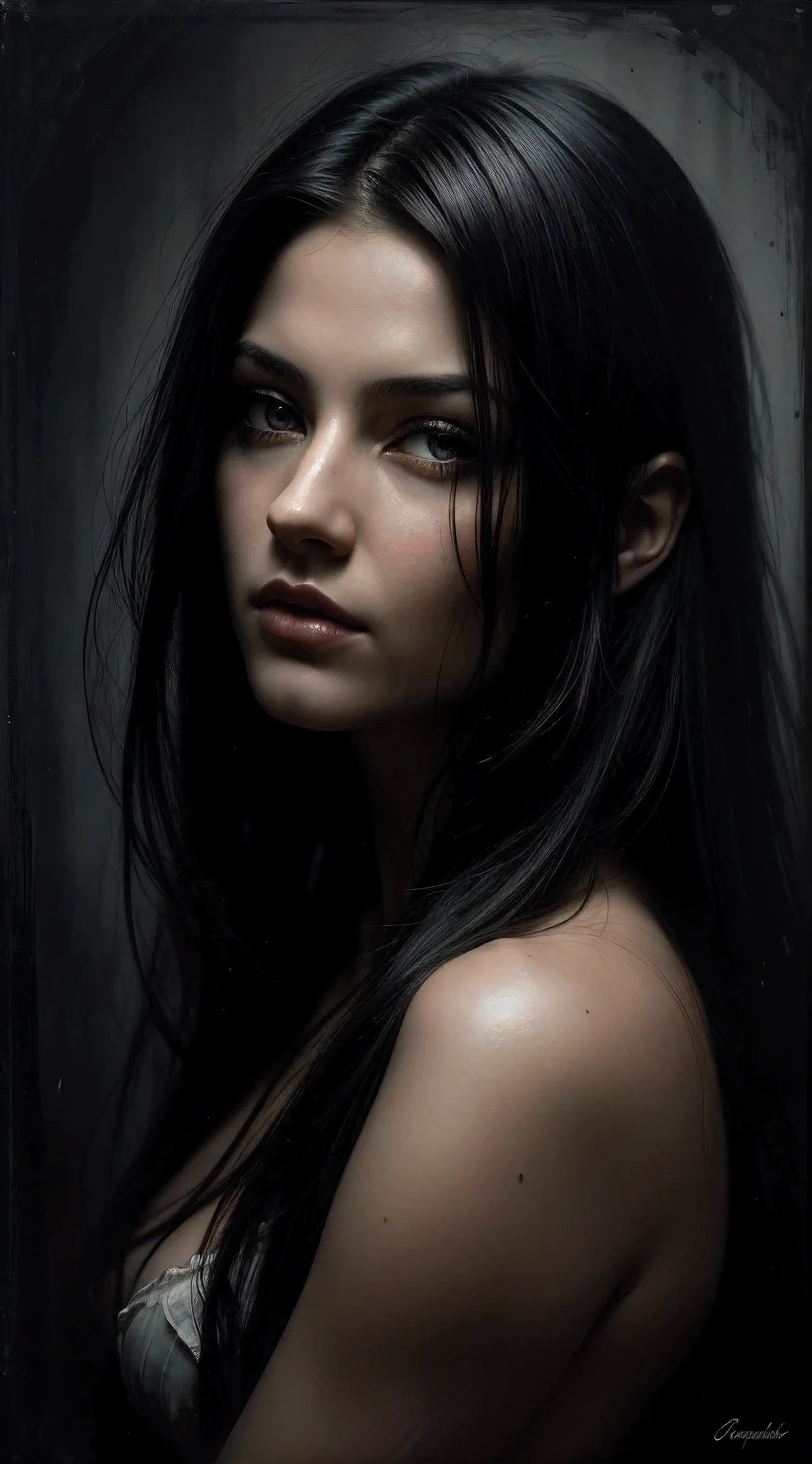 oil painting'huile, une fille gothique à l'free spirit of the forest, with delicate characteristics, emerging from the depths of darkness, rendant un mélange de mystère et d'attrait. Son apparence douce contraste avec un fond aux riches teintes sombres et profondes.. Des yeux captivants et des cheveux ébène flottants. Masterfully combining realism and'abstraction avec de larges coups de pinceau figuratifs et un travail de pinceau libre. Couches de peinture, stries ressemblant à un mouvement. Jeux d'ombres et clair-obscur ajoutant de la profondeur et de la dimension au chef-d'artwork. par Casey Baugh, Jarek Kubicki, Anna Bocek évocatrice, emotional, maussade et discret. Touches picturales