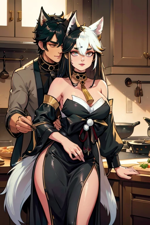 a handsome black haired man with golden eyes with black fox ears and a black fox tail is cooking with a white haired woman with copper eyes and white fox ears and a white fox tail with an hourglass figure in a conservative blouse and skirt in a kitchen