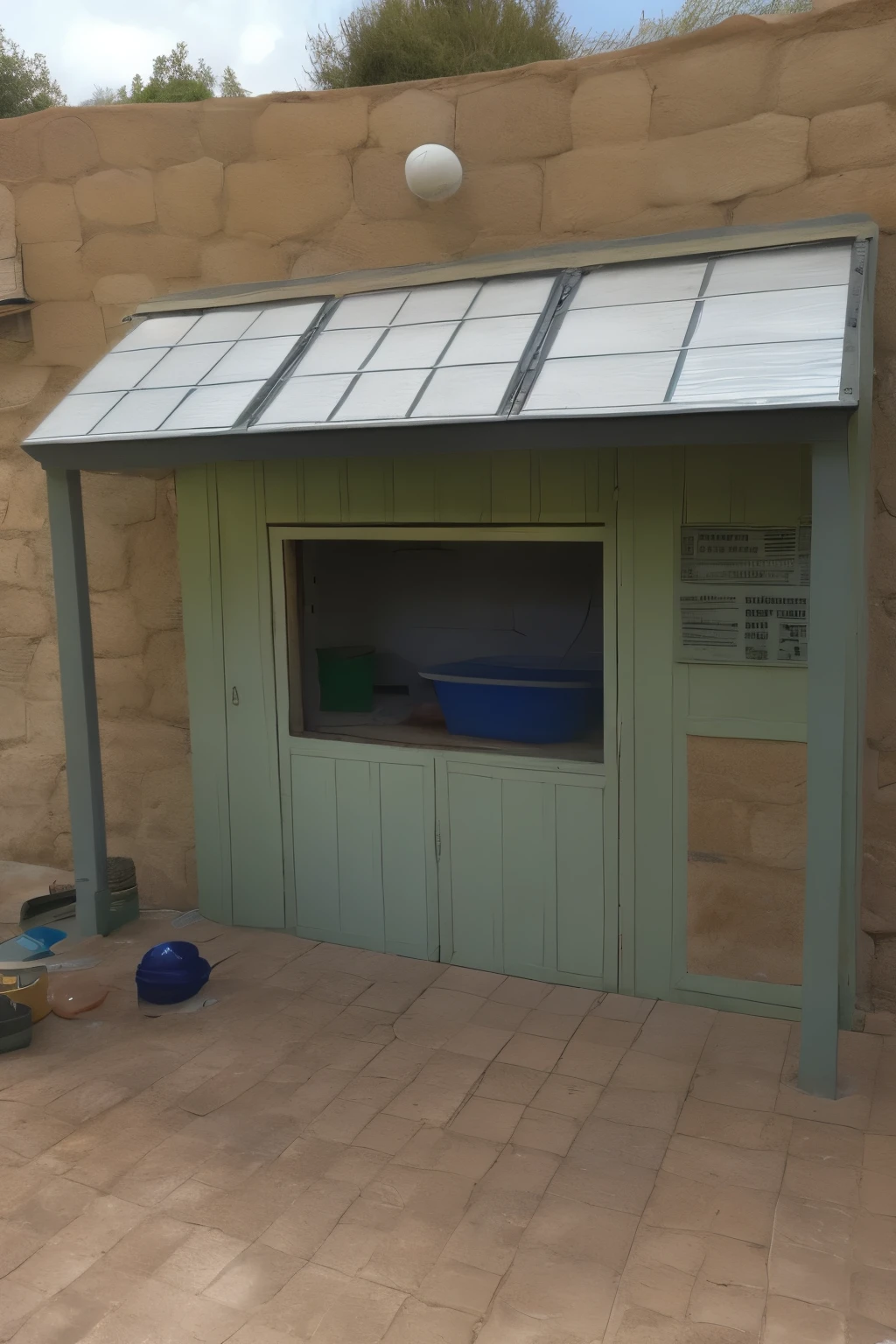 ((detallado)) albergue grande para mascotas con paneles solares en el techo , captacion de aguas lluvias visible areas verdes