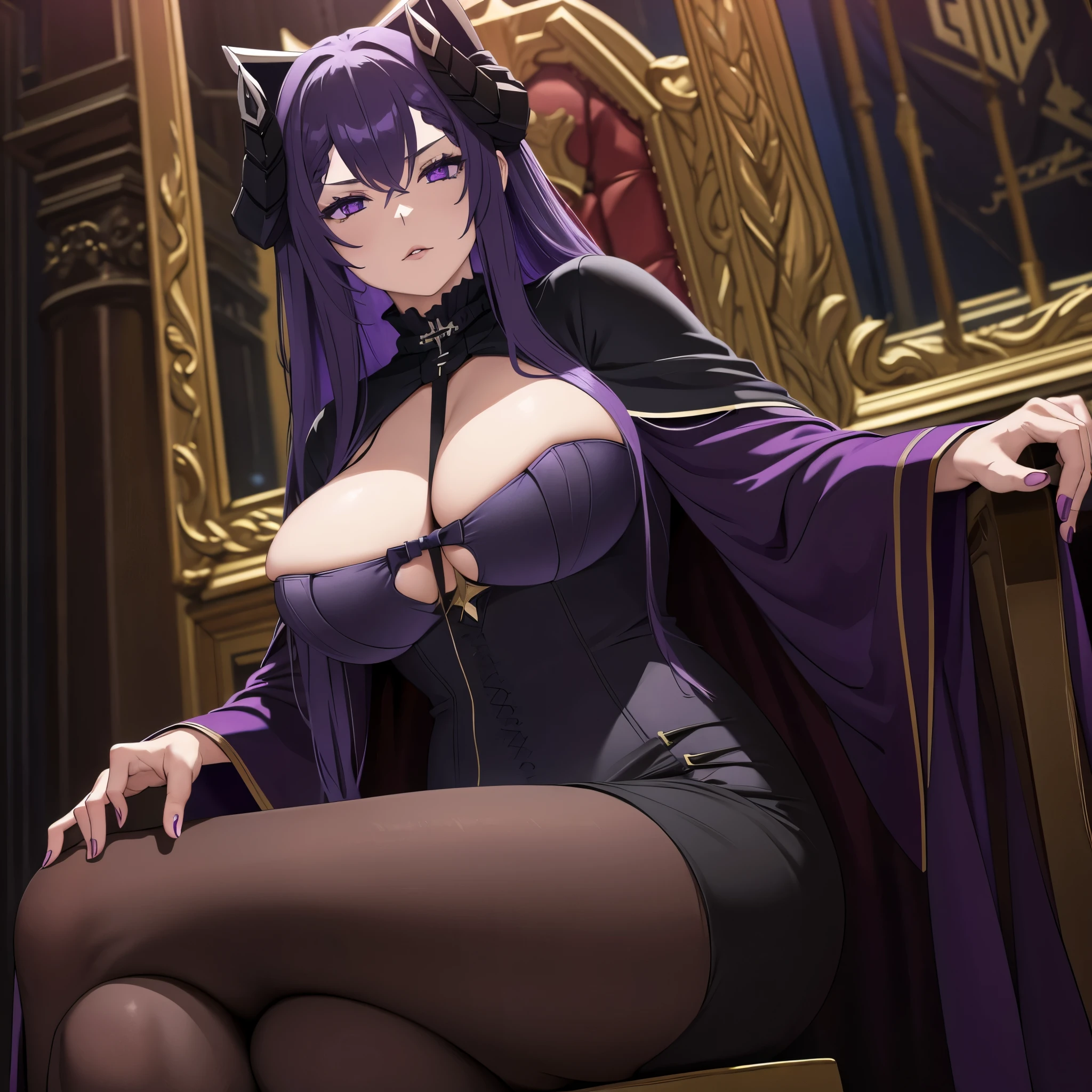 A woman wearing a dark purple tight military dress, horns, long cape, long grape colored hair, purple eyes, large breasts, on a royal throne in a large gothic room, long skirt,HDR, very detailed, ultra resolution, masterpiece. 8k hd.
