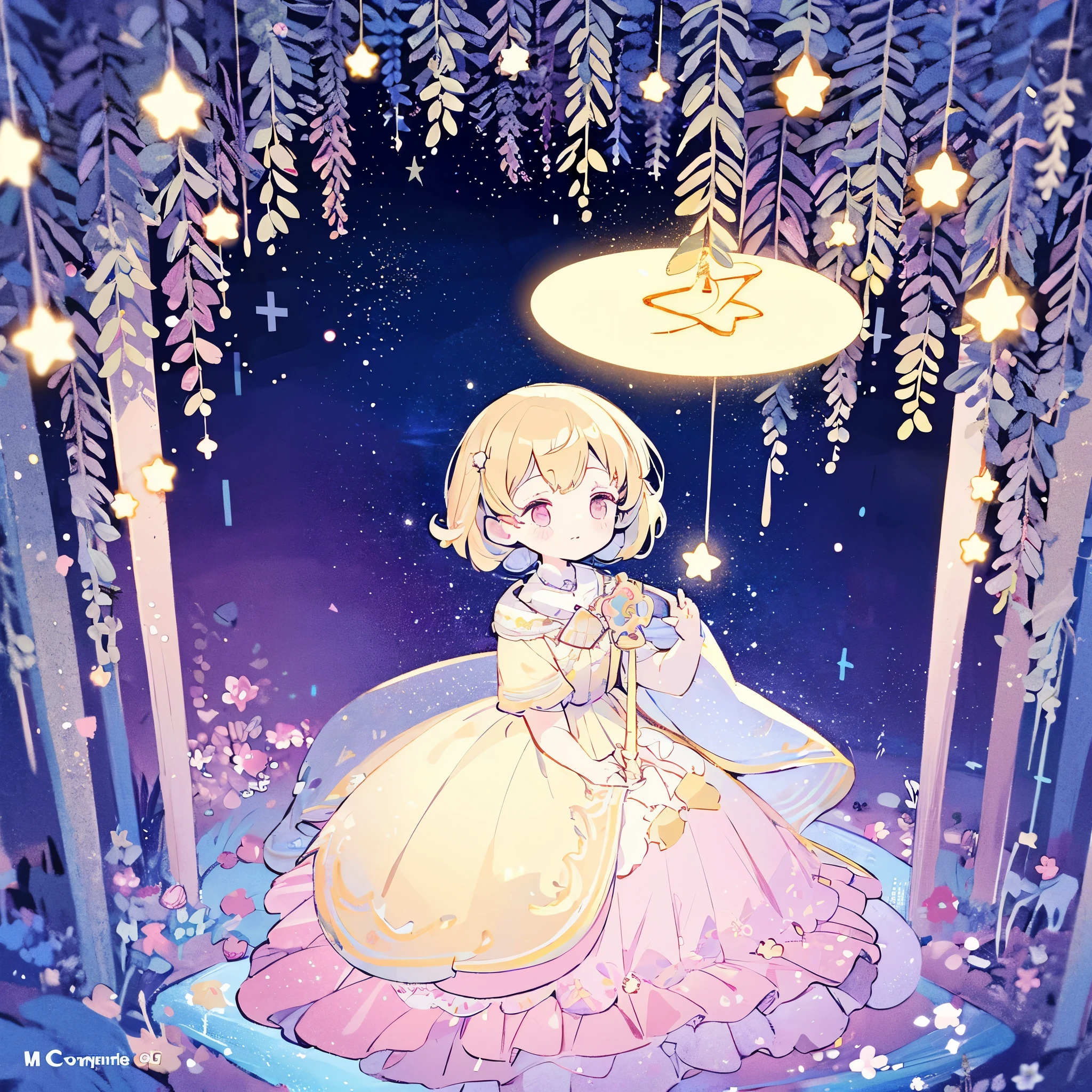 complex background, wishing star background, a woman wearing an ethereal mystical pink translucent dress that reflects the stars, perfume promo art, mystic, complex drawing, highly detailed, Covergirl brand, promo art, artistic rendition, ethereal, starry night, midjourney style