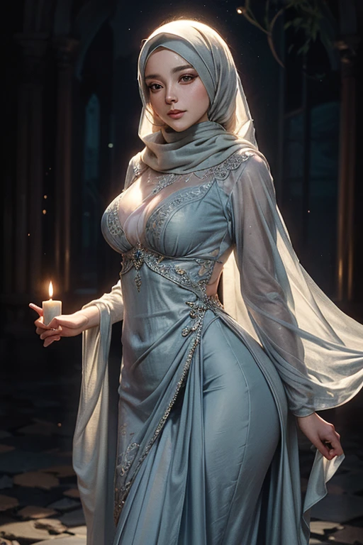The art depicts a charming woman dressed in a flowing, slim body, wearing hijab, whole body covered by dress, her dress drapes elegantly over her curvy figure. She stood gracefully in the quiet moonlit night, bathed in the soft glow of the moonlight. The scene exudes an ethereal and dreamy atmosphere, with a touch of mystery. The graphic style blends watercolor and digital illustration techniques to evoke a refined beauty and charm. The candlelight is filled with soft moonlight, casting soft highlights and shadows on her charming features