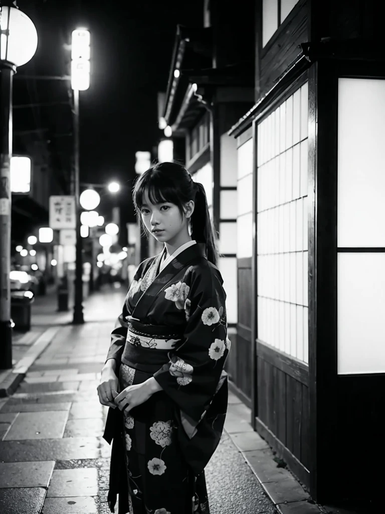 16 years old,female、prostitute、old japanese architecture、、Old Japanese entertainment district、、night、kimono、standing、Color、film grain