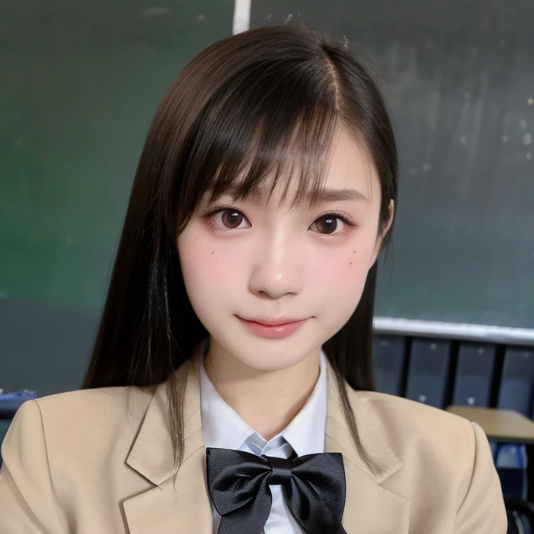 (kawaii 18 year-old Japanese girl, Nogizaka idol, Korean idol), (glossy black hair, high ponytail, bangs:1.3), (extra rounded face, single eyelid, no makeup, soft smiling:1.2), (well shaped whitened teeth:0.7), (wearing Japanese school uniforms, blazer jacket, collared shirt, school bow tie:1.3), well shaped extra small breasts, pleated skirt, (looking at viewer:1.2), BREAK, (simple classroom background:1.3), (dynamic angle, close shot:1.3), BREAK, (masterpiece, best quality, photo realistic, official art:1.4), (UHD, 8K quality wallpaper, high resolution, raw photo, film grain:1.2), (shiny skin), professional lighting, physically based rendering, award winning, (perfect anatomy, highly detailed skin, extremely detailed face and eyes, well drawn glittering pupils), Carl Zeiss 85 mm F/1.4, depth of field, 1girl, solo,