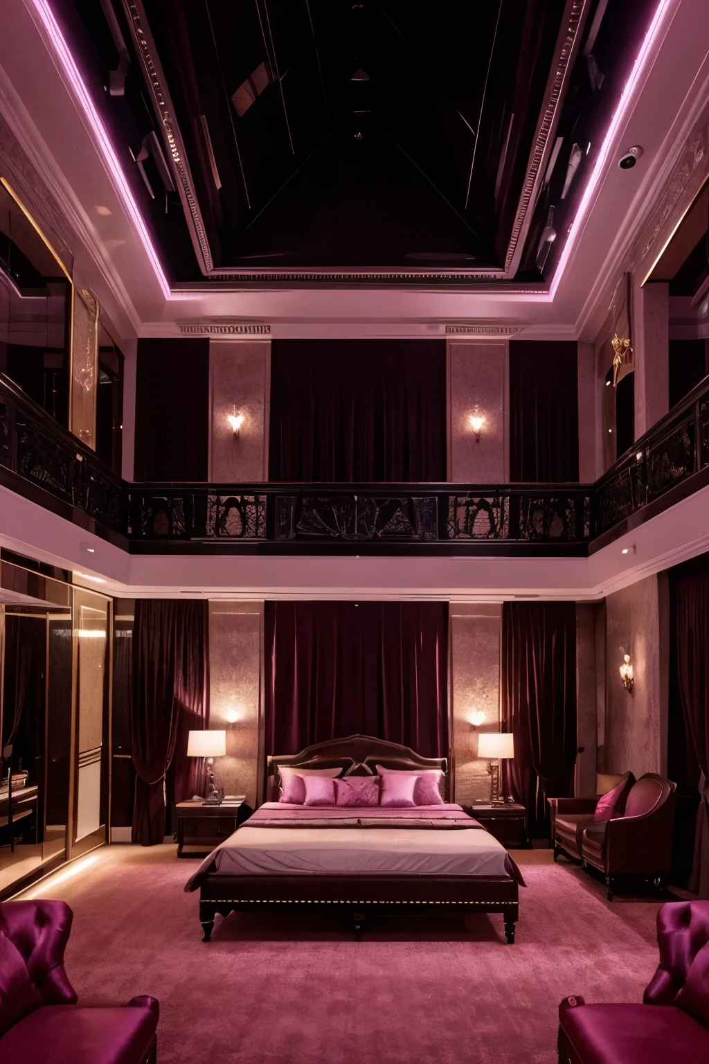 A cavernous expensive luxury brothel with a bar, extravagant furniture, stripper stages, large beds with pink silk bedding, a high ceiling, an atrium, and mood lighting.