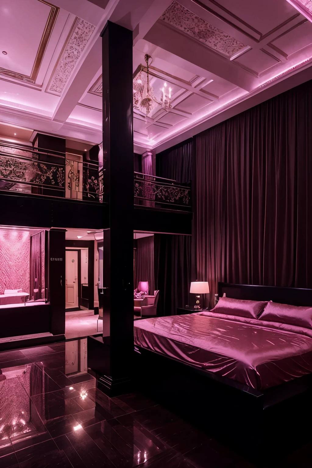 A cavernous expensive luxury brothel with a bar, extravagant furniture, stripper stages, large beds with pink silk bedding, a high ceiling, an atrium, and mood lighting.