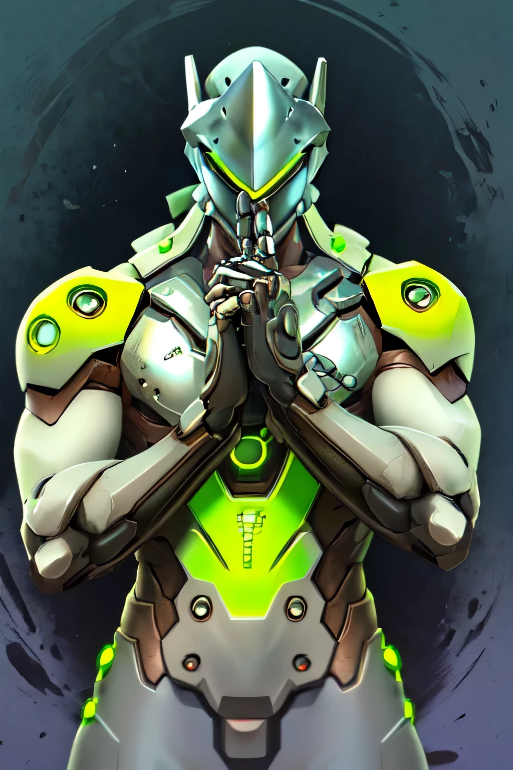 Genji, alone, ninja pose,hands tying a sign,Delicate descriptive hands,5 finger body suit, cyborg, visor, Helmet, boots,,highest quality,Upper body