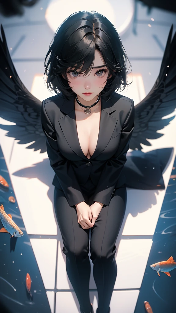 ((Highly detailed CG unit 8k wallpaper, masterpiece, High resolution, highest quality, highest qualityのリアルテクスチャスキン)), ((woman sitting at desk:1.3, upward glance, short hair, Nana Komatsu, black pants suit:1.2, White shirt with bare chest:1.3, Wearing a black suit jacket:1.3, high heels)), (((inside the office))), (Angle from above:1.3, Fisheye Shot:1.5), hyper realistic, digital painting, concept art,