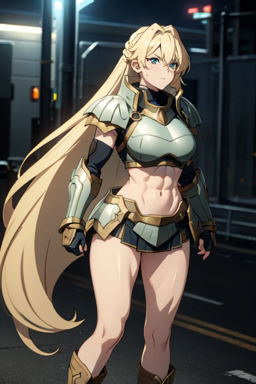 ((1 girl)), extremely long hair, solo, ((muscular)), veins, blonde hair, green eyes, blushing, thick thighs, pale skin, strong, veins, abs, big thighs, huge breasts, navel, standing, angry, blushing, bikini armor