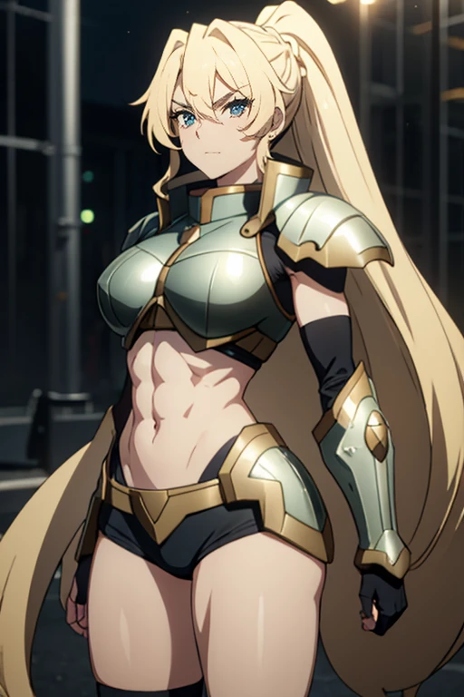 ((1 girl)), extremely long hair, solo, ((muscular)), veins, blonde hair, green eyes, blushing, thick thighs, pale skin, strong, veins, abs, big thighs, huge breasts, navel, standing, angry, blushing, bikini armor