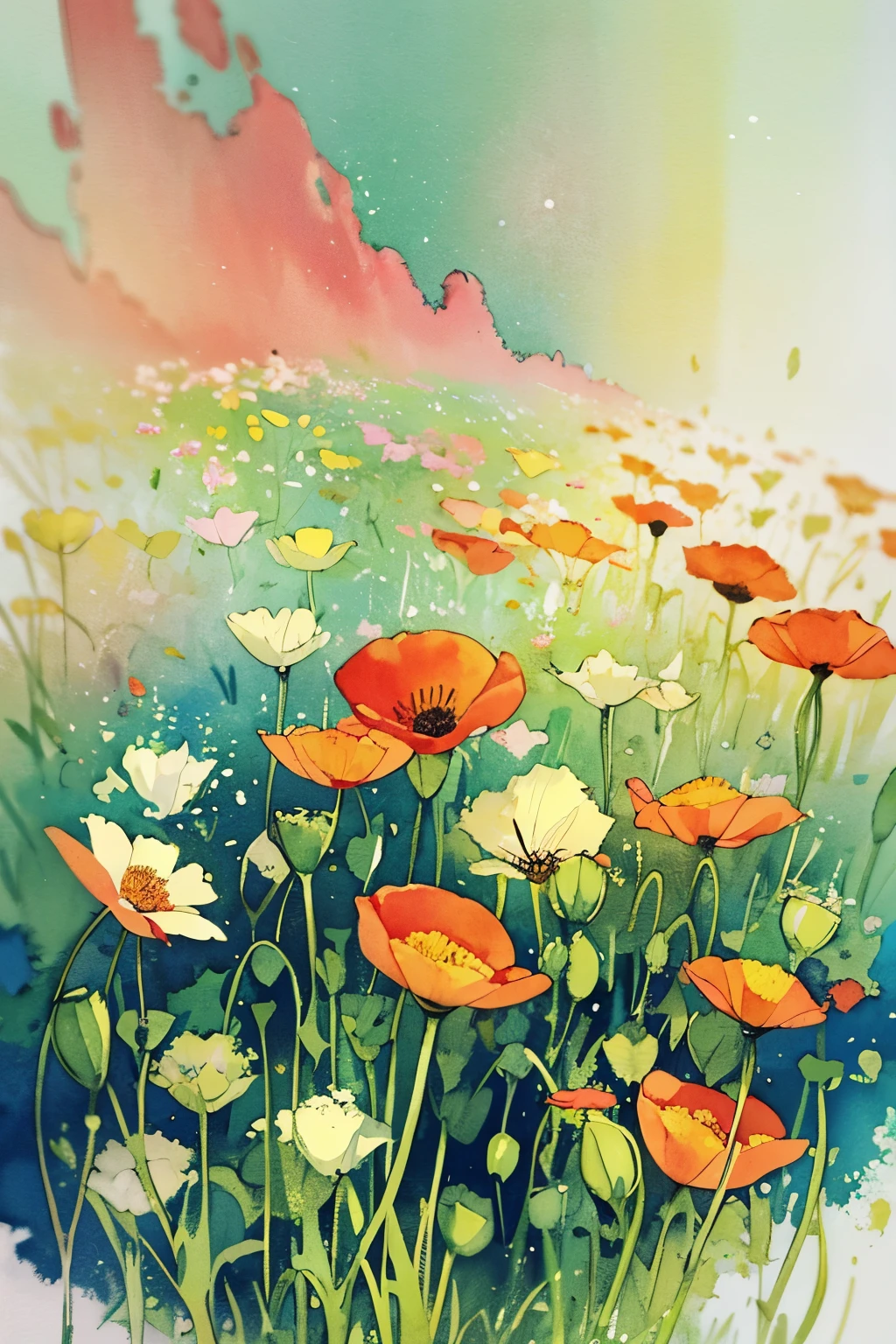 Watercolor painting of poppy flowers isolated on white background, watercolor painting, splatter technique to reproduce wet conditions, blurred atmosphere, unique composition, abstract representation, contains elements of surrealism, pale tones, combination of pale green and gold colors, high resolution details, ink splatter effect. Pale colors。