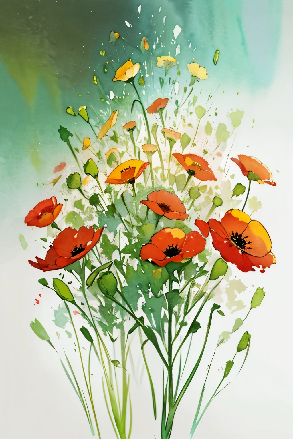 Watercolor painting of poppy flowers isolated on white background, watercolor painting, splatter technique to reproduce wet conditions, blurred atmosphere, unique composition, abstract representation, contains elements of surrealism, pale tones, combination of pale green and gold colors, high resolution details, ink splatter effect. Pale colors。