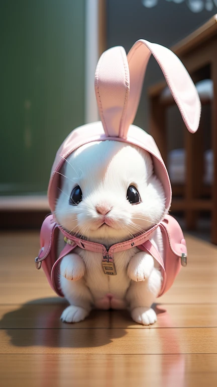 Children&#39;s drawings photos：The cute little white rabbit jumps a few times with a small backpack on its back