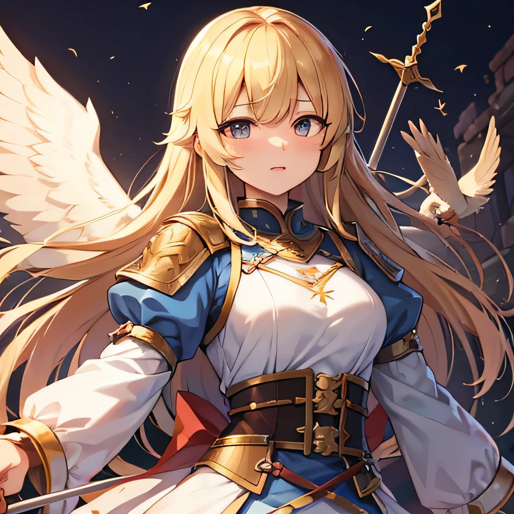 Kemono, female bird, bird wings, shieldmaiden, princess, freedom fighter, rebel leader, shining armor, fantasy, rapier, long blonde hair, hair over one eye, ample, one eye blinding bang