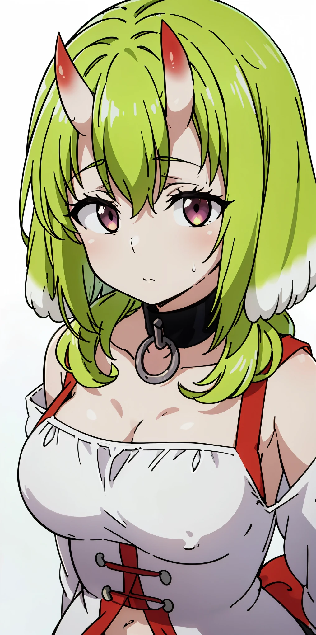 masterpiece, best quality, 4k, face close-up, portrait, 1girl, solo, beige hair, light green hair, pale green hair long hair, purple eyes, empty eyes, small breasts, (oni girl, oni horns, forehead horns), serious, neutral, white blouse, one piece blouse, medieval fashion, standing, arms behind back, looking at viewer, white background, simple background, transparent background