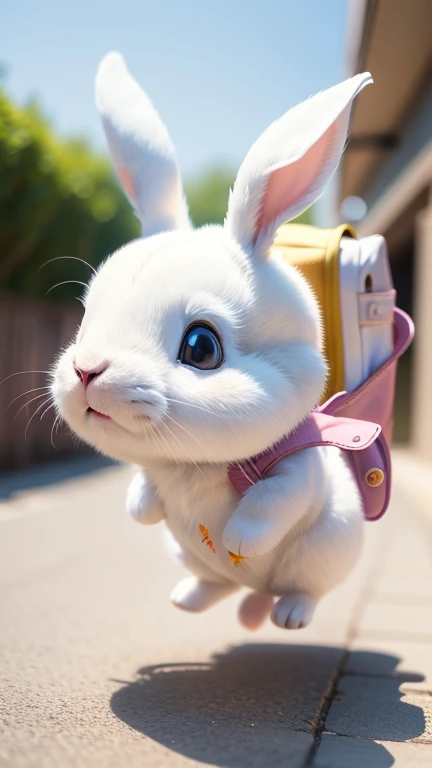 Children&#39;s drawings photos：The cute little white rabbit jumps a few times with a small backpack on its back
