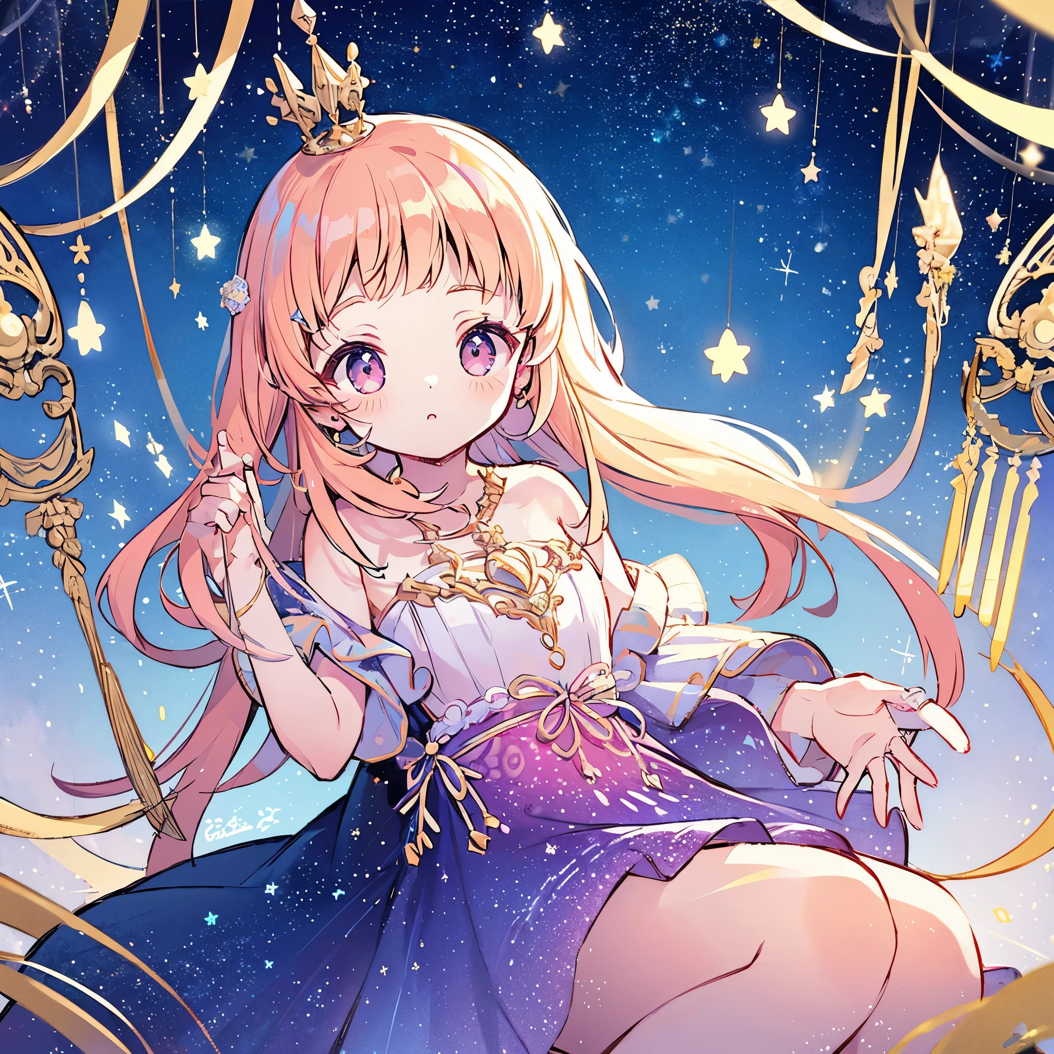 complex background, wishing star background, a woman wearing an ethereal mystical pink translucent dress that reflects the stars, perfume promo art, mystic, complex drawing, highly detailed, Covergirl brand, promo art, artistic rendition, ethereal, starry night, midjourney style