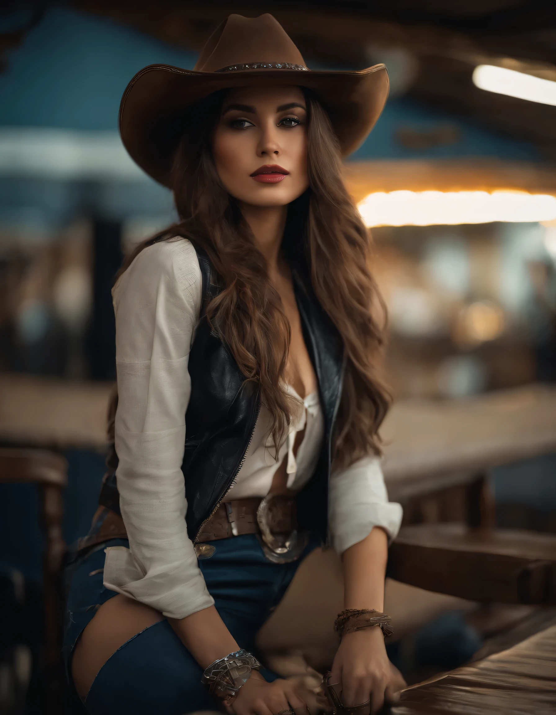 4K HLTRAHD, Mestre, Melhor qualidade, uma garota, cara boa, olhos detalhados, Detailed lips, cabelo longo, Cabelo liso, Em uma roupa de cowboy, barriga nua,  jaqueta de couro, cowboy hat, fundo desfocado, morning, capturando o corpo inteiro,