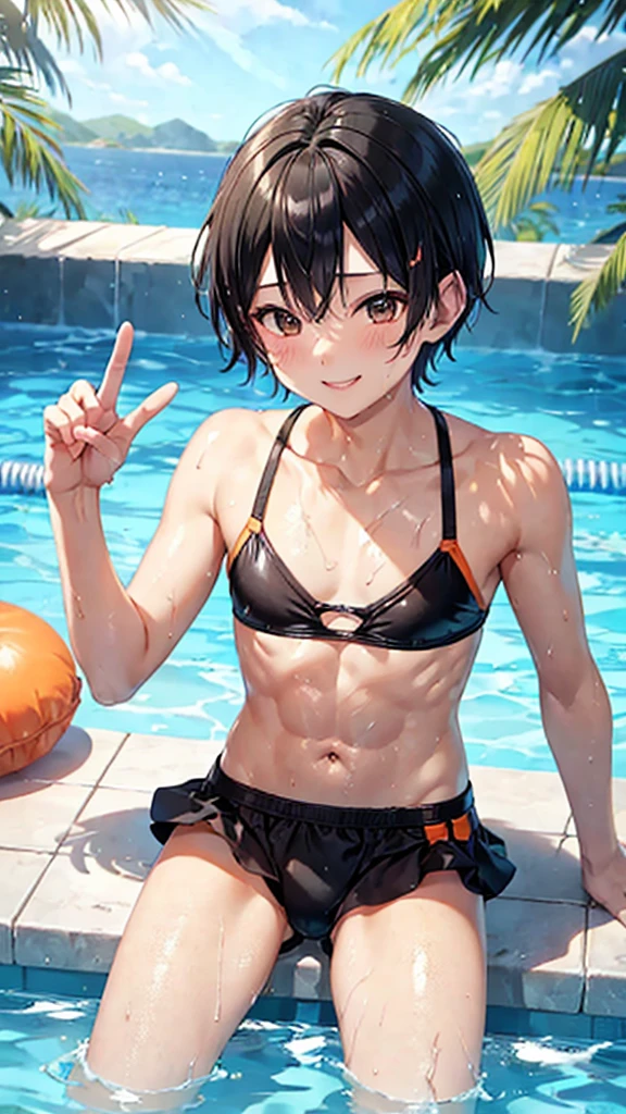 Midsummer、pool、sit、boy、black hair、short hair、Forehead is coming out、wet hair、orange swimsuit、slender、abs、zoom、smilingly、peace sign