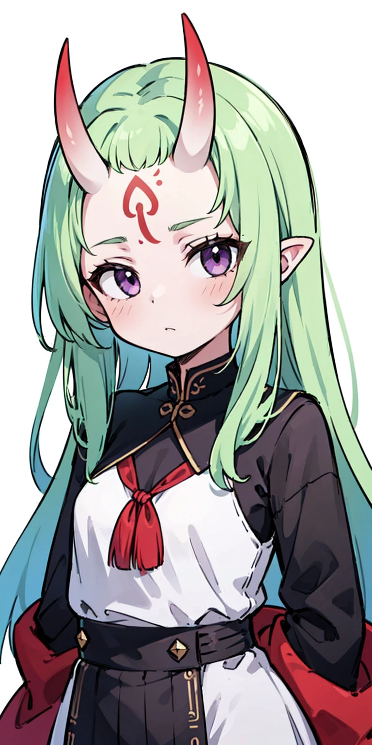 masterpiece, best quality, 4k, face close-up, portrait, 1girl, solo, beige hair, light green hair, pale green hair long hair, purple eyes, empty eyes, small breasts, (oni girl, oni horns, forehead horns), serious, neutral, white blouse, one piece blouse, medieval fashion, standing, arms behind back, looking at viewer, white background, simple background, transparent background