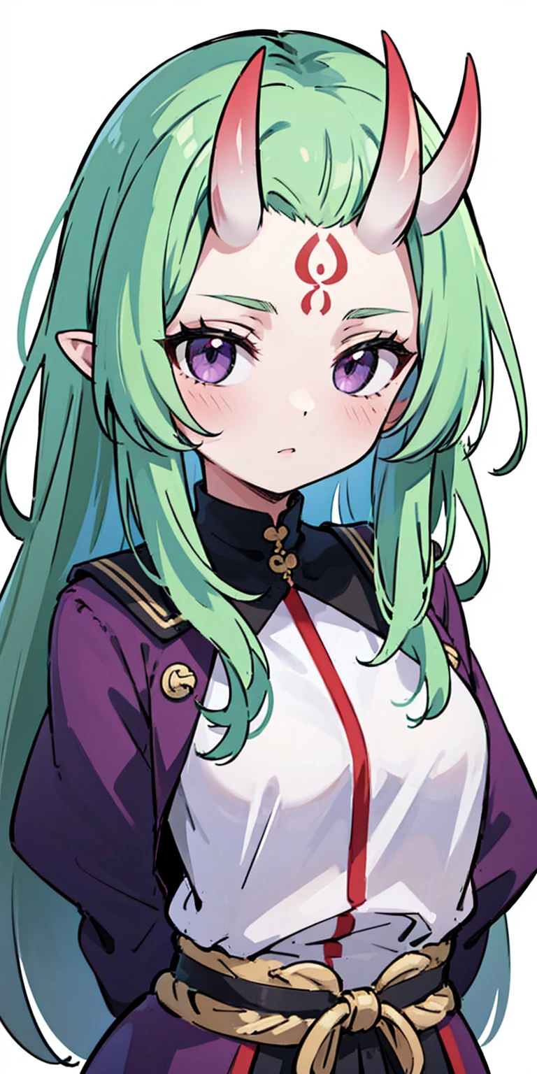 masterpiece, best quality, 4k, face close-up, portrait, 1girl, solo, beige hair, light green hair, pale green hair long hair, purple eyes, empty eyes, small breasts, (oni girl, oni horns, forehead horns), serious, neutral, white blouse, one piece blouse, medieval fashion, standing, arms behind back, looking at viewer, white background, simple background, transparent background