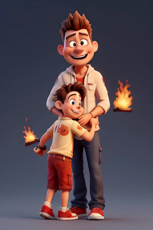A cartoon character in the style of Disney + A woman with a body of fire hugs a man with a body of fire 3d rendering 