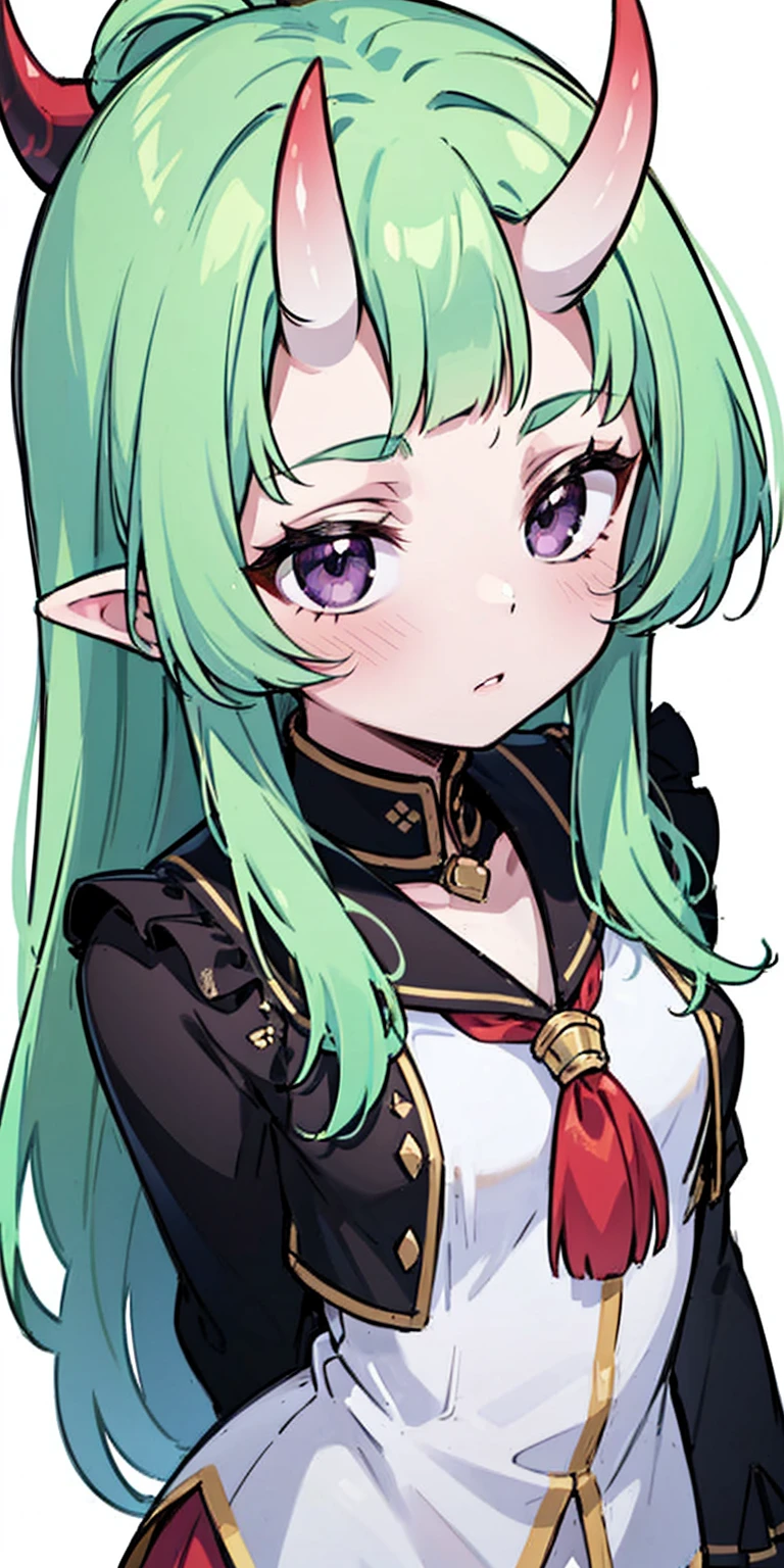 masterpiece, best quality, 4k, face close-up, portrait, 1girl, solo, beige hair, light green hair, pale green hair long hair, purple eyes, empty eyes, small breasts, (oni girl, oni horns, forehead horns), serious, neutral, white blouse, one piece blouse, medieval fashion, standing, arms behind back, looking at viewer, white background, simple background, transparent background