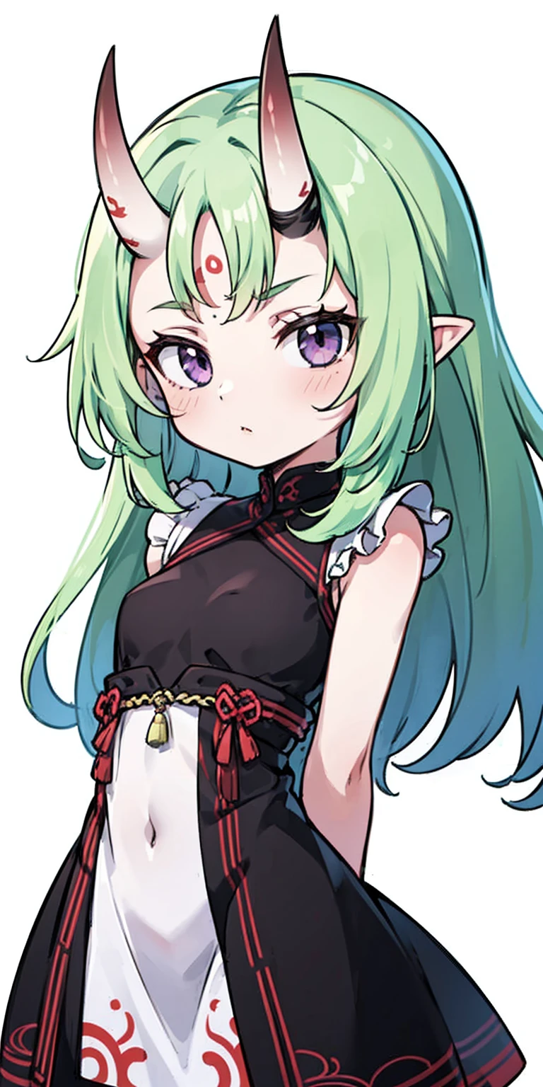 masterpiece, best quality, 4k, face close-up, portrait, 1girl, solo, beige hair, light green hair, pale green hair long hair, purple eyes, empty eyes, small breasts, (oni girl, oni horns, forehead horns), serious, neutral, white blouse, one piece blouse, medieval fashion, standing, arms behind back, looking at viewer, white background, simple background, transparent background