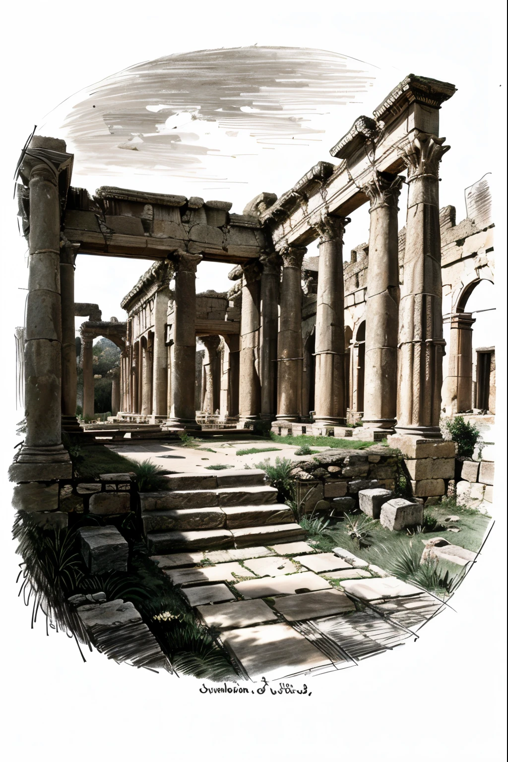 pencile draw sketch of ancient ruins in the style of Piranesi engraving