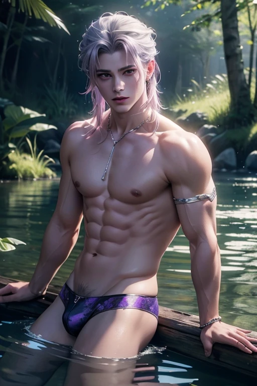 ((Best quality)), ((masterpiece)), 8k (detailed), ((perfect face)), ((halfbody)) perfect proporcions, He is a handsome vampire, he has short wavy lilac hair, white skin, he wears jewelry on his neck, he has bare chest and arms, he has silver scales on his shoulders, he is in a lake, there is a forest with a lake at night ((perfect face)) halfbody ((fantasy ambience)) lilac hair, he is wearing trunks