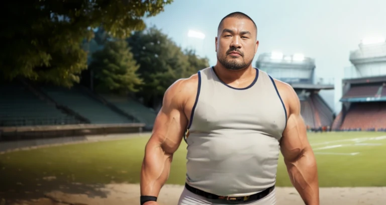 (tank top:1.8), (at football ground:1.8), Japanese man, Chinese man, Korean man, Taiwanese man, manly face, fat face, (round face:1.4), (monolid eyes:1.2), (buzz cut:1.4), very large and strong body, bulky body, beefy muscles, (bulging muscles:1.4), (very large pectoral muscles:1.4), (muscular arms:1.4), muscular abs, muscular legs, muscular back, brightens oily skin, master piece, (realistic:1.4), panorama, distant view