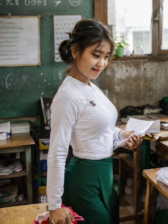 A kind-faced Myanmar school teacher with a warm smile,standing in front of a brightly lit classroom in Yangon,photorealistic,extremely detailed face and clothes,beautiful detailed eyes,beautiful detailed lips,long eyelashes,traditional green htamein,white blouse,determination and passion for education,teaching a group of students,professional portrait, vivid colors,studio lighting.A school teacher is Tall, thin, big hips, big breasts, black hair, small lips, brown eyes, attractive, 64K.Top=white Burmese blouse,With long sleeves,Buttoned at the side.Bottom=(Dark green) long skirt.
Footwear=female Burmese sandals,The hair is knotted bun.Keep your hair in a knot.A Myanmar school teacher with her hair in a neat knot bun, meticulously grading papers at her desk. Sunlight streams through the window, illuminating the classroom.