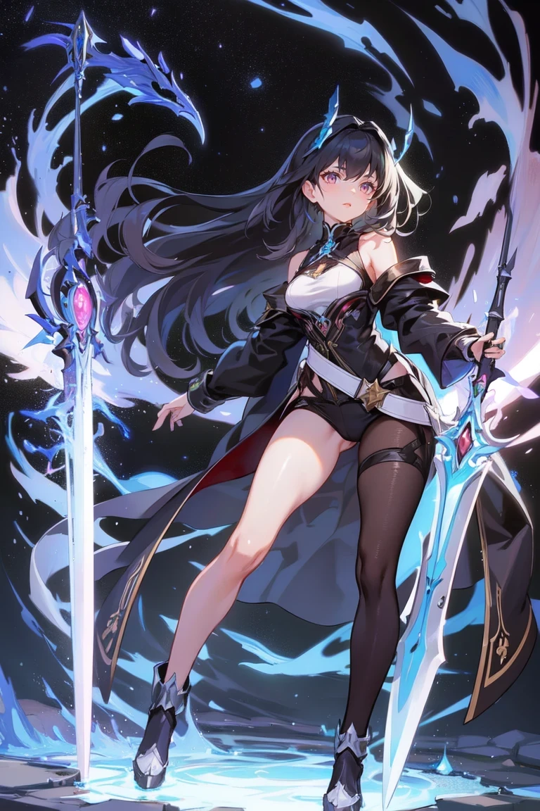 Masterpiece,1 girl, long hair, black hair, pink eyes, Beautiful skin, Beautiful arms, beautiful hands, Bust Cup B, narrow waist, Beautiful hips, Beautiful slender legs., Beautiful feet, sword fighting posture, female warrior, Black Bodysuit, Armor, A set with a futuristic mechanism, black jacket, metal armband, Black wings, Clean the wings, Blue lights follow the body suit, fly, Magical light , Huge fantasy sky, flame, thunder, dynamic light, 8ก, Masterpiece, very detailed, realistically