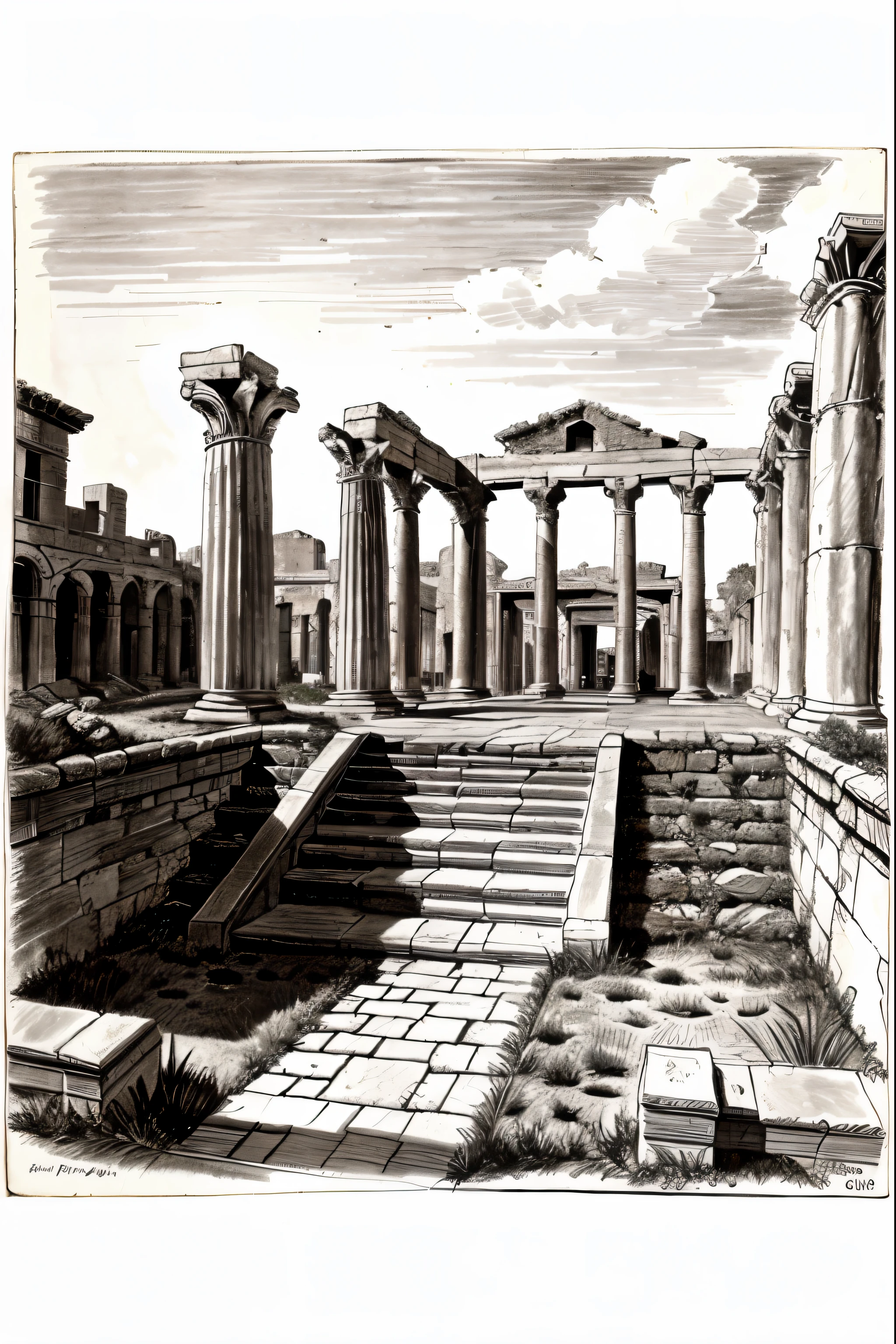 pencile draw sketch of ancient ruins in the style of Piranesi engraving