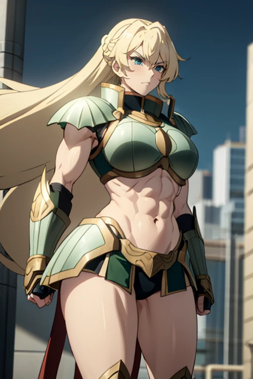 ((1 girl)), extremely long hair, solo, ((muscular)), veins, blonde hair, green eyes, blushing, thick thighs, pale skin, strong, veins, abs, big thighs, huge breasts, navel, standing, angry, blushing, tight bikini armor